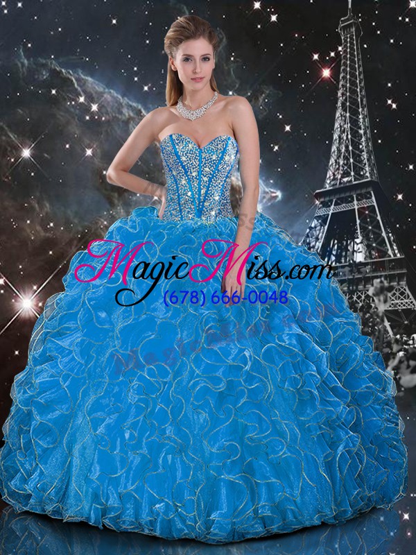 wholesale sleeveless organza floor length lace up sweet 16 dresses in baby blue with beading and ruffles