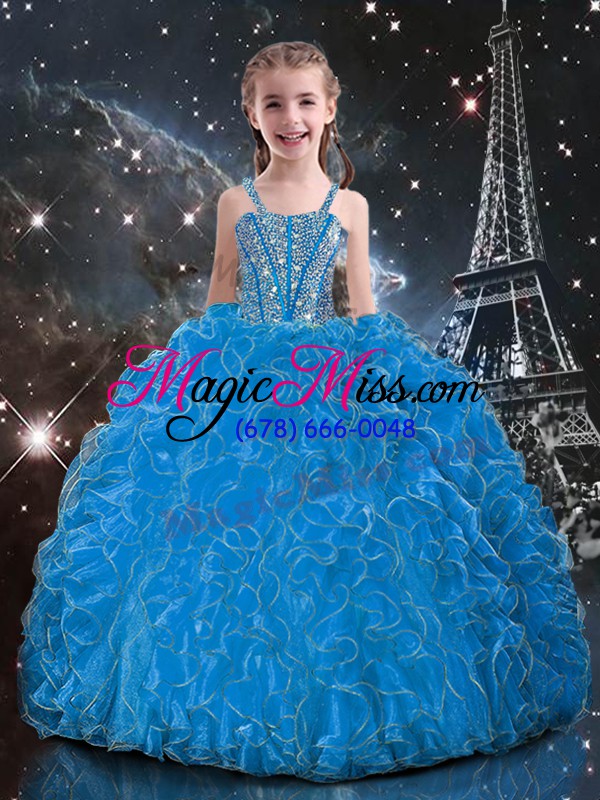 wholesale sleeveless organza floor length lace up sweet 16 dresses in baby blue with beading and ruffles