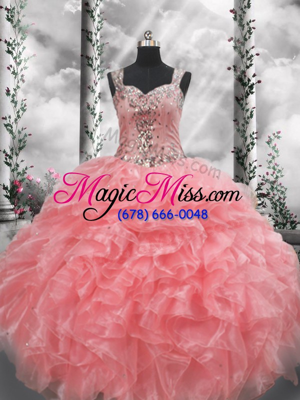 wholesale watermelon red organza zipper vestidos de quinceanera sleeveless floor length beading and ruffles