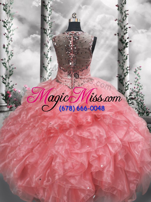 wholesale watermelon red organza zipper vestidos de quinceanera sleeveless floor length beading and ruffles