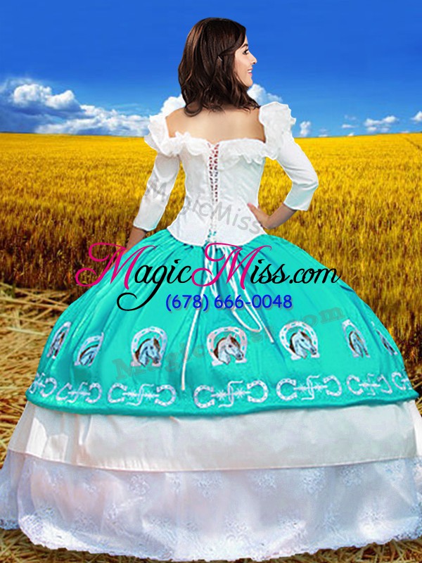 wholesale glamorous off the shoulder 3 4 length sleeve taffeta vestidos de quinceanera embroidery lace up