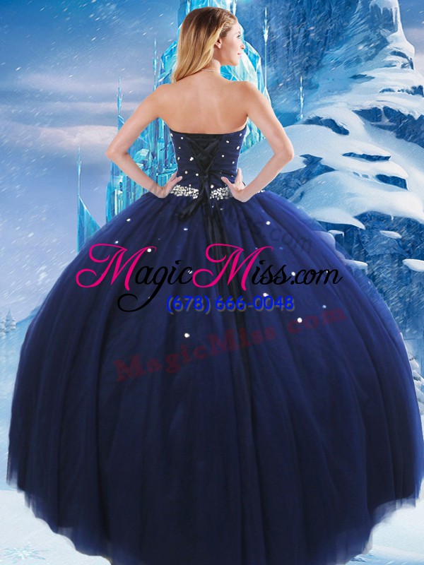 wholesale high end navy blue ball gowns beading quinceanera dresses lace up tulle sleeveless floor length