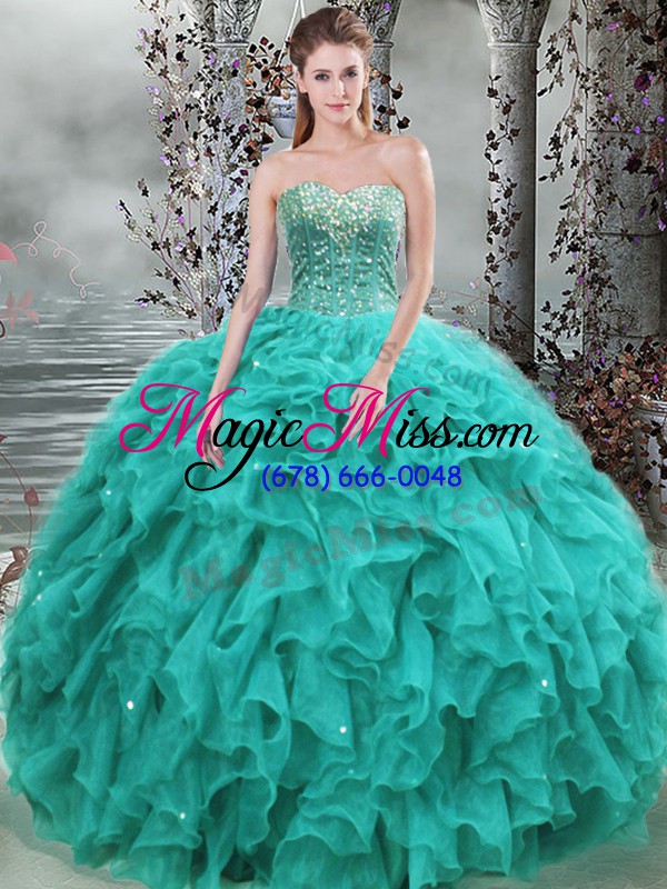 wholesale fantastic floor length turquoise 15 quinceanera dress organza sleeveless beading and ruffles