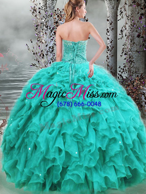 wholesale fantastic floor length turquoise 15 quinceanera dress organza sleeveless beading and ruffles