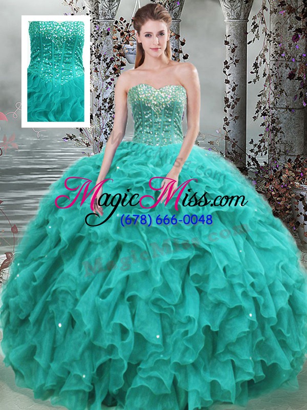 wholesale fantastic floor length turquoise 15 quinceanera dress organza sleeveless beading and ruffles