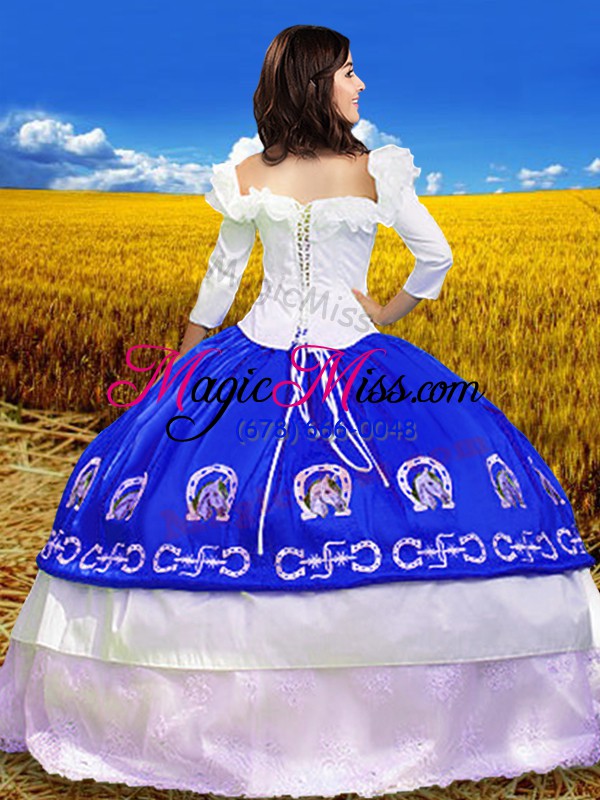 wholesale cheap floor length royal blue sweet 16 dress off the shoulder 3 4 length sleeve lace up