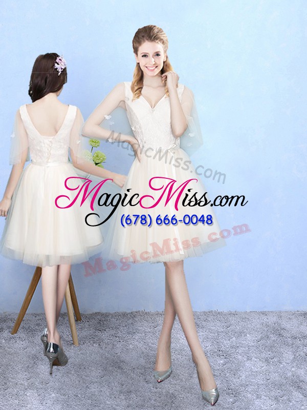 wholesale v-neck cap sleeves lace up bridesmaid dress champagne tulle