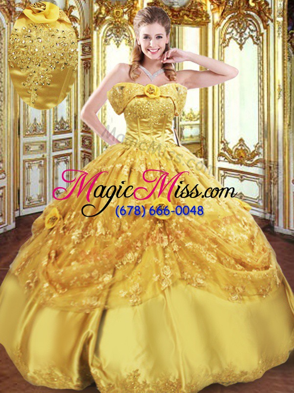 wholesale discount strapless sleeveless lace up quinceanera gown gold tulle