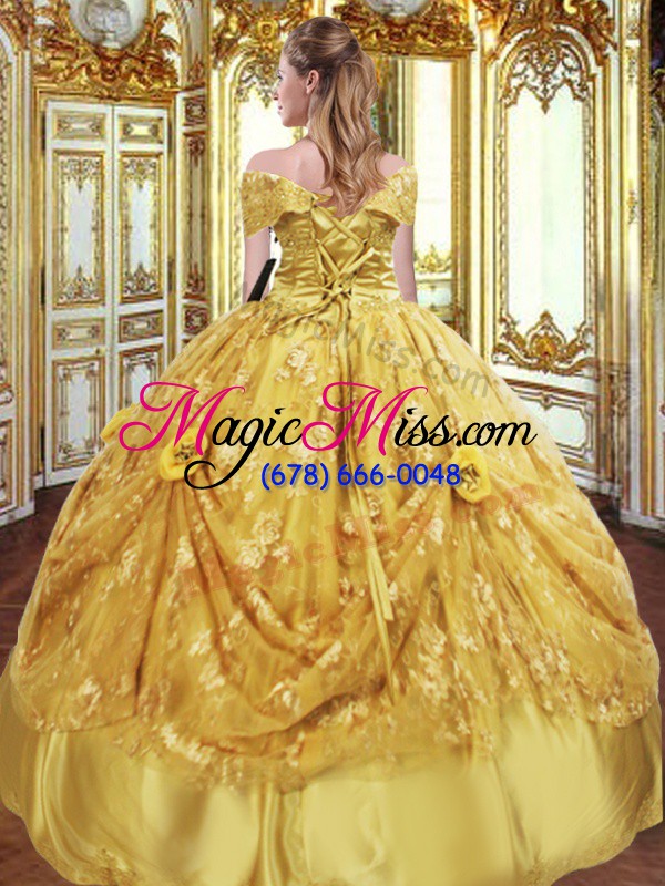 wholesale discount strapless sleeveless lace up quinceanera gown gold tulle