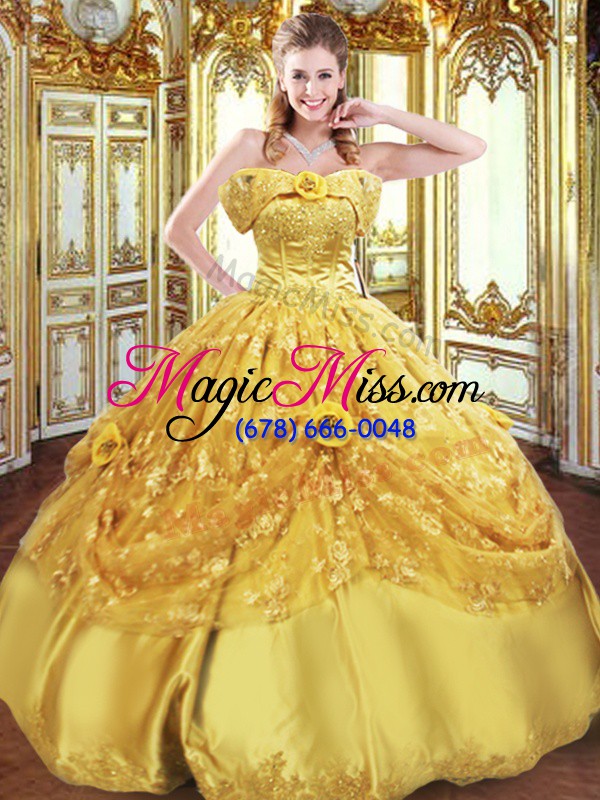 wholesale discount strapless sleeveless lace up quinceanera gown gold tulle