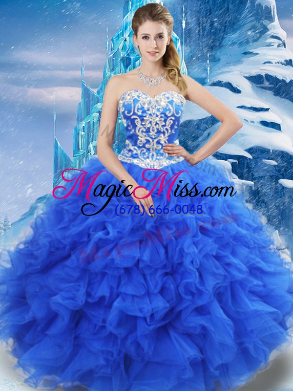 wholesale sleeveless floor length beading and ruffles lace up 15th birthday dress with blue