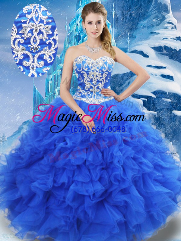 wholesale sleeveless floor length beading and ruffles lace up 15th birthday dress with blue