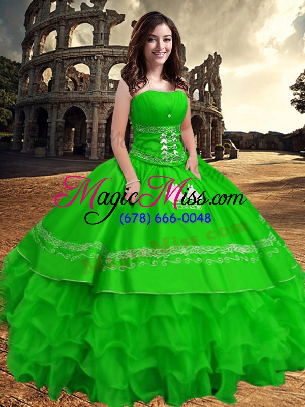 wholesale glittering green sleeveless embroidery and ruffled layers floor length quince ball gowns