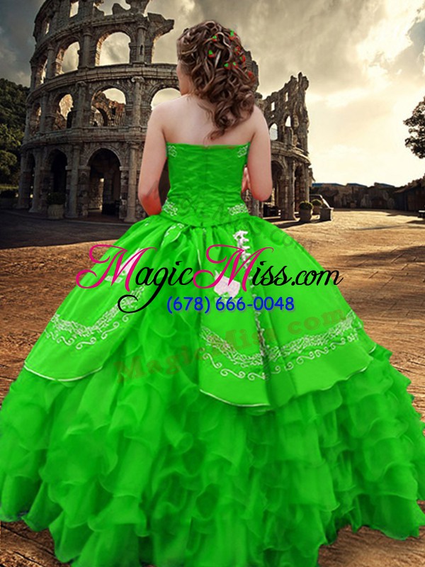 wholesale glittering green sleeveless embroidery and ruffled layers floor length quince ball gowns