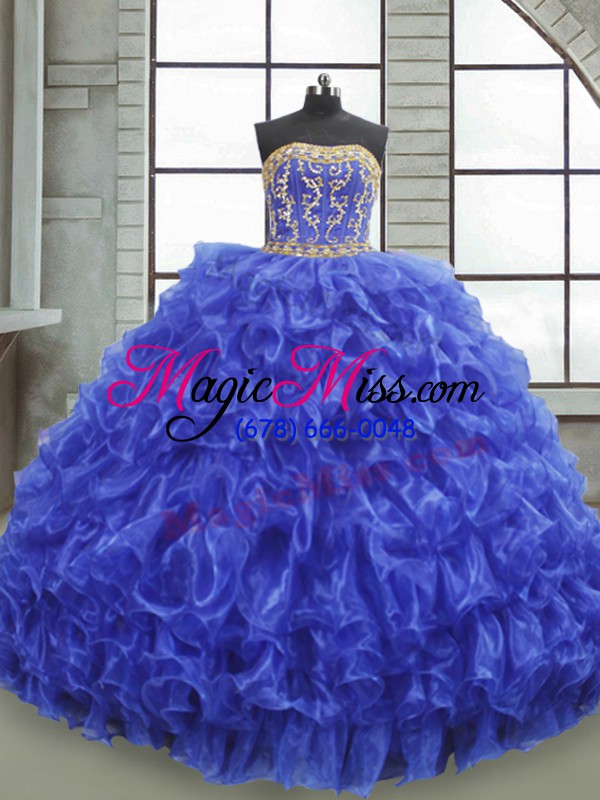 wholesale strapless sleeveless sweet 16 quinceanera dress floor length beading and appliques and ruffles royal blue organza