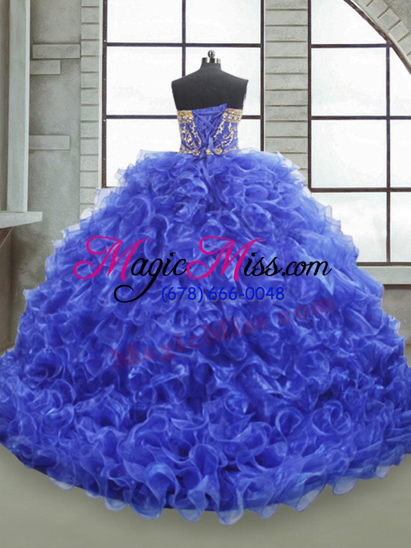 wholesale strapless sleeveless sweet 16 quinceanera dress floor length beading and appliques and ruffles royal blue organza