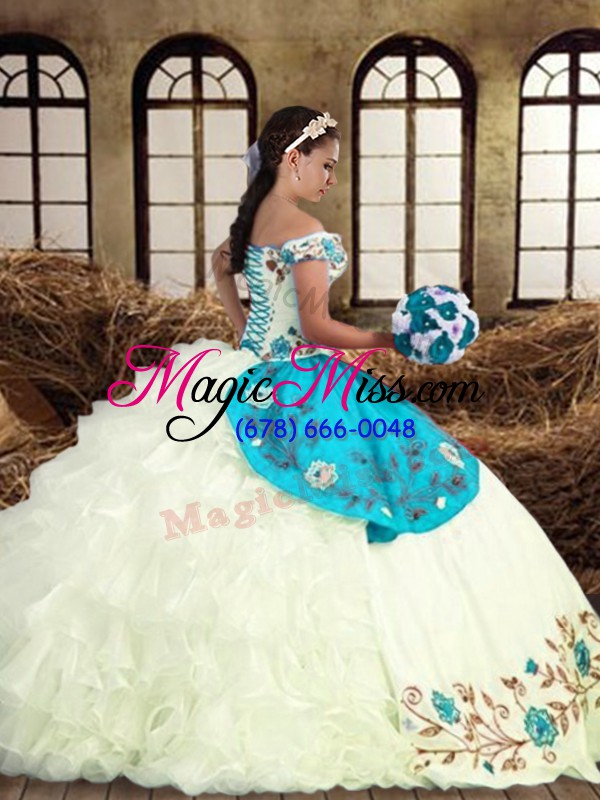 wholesale beauteous multi-color ball gowns taffeta off the shoulder sleeveless embroidery and ruffled layers floor length lace up quinceanera dresses