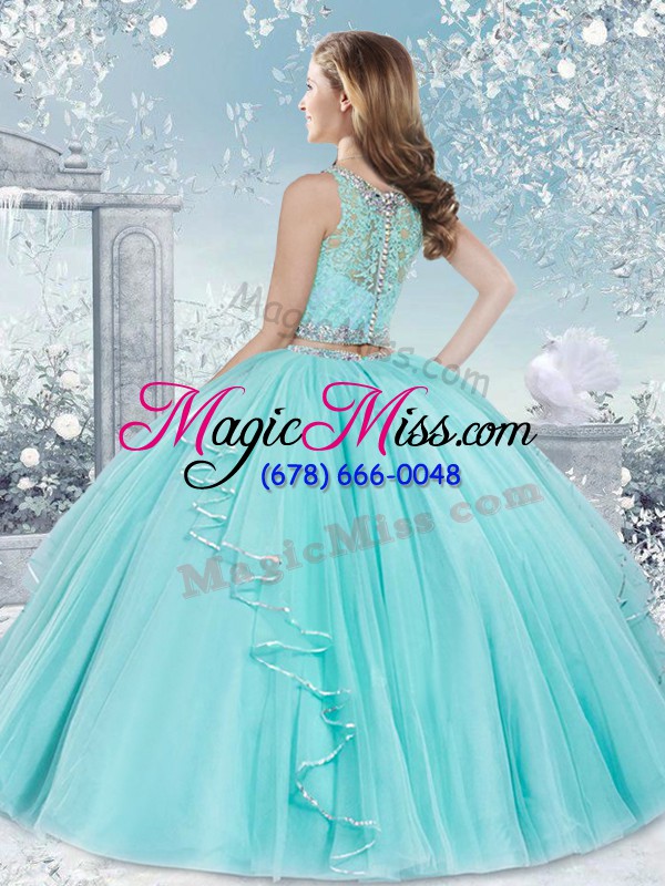 wholesale aqua blue sleeveless floor length beading and lace clasp handle quinceanera gowns