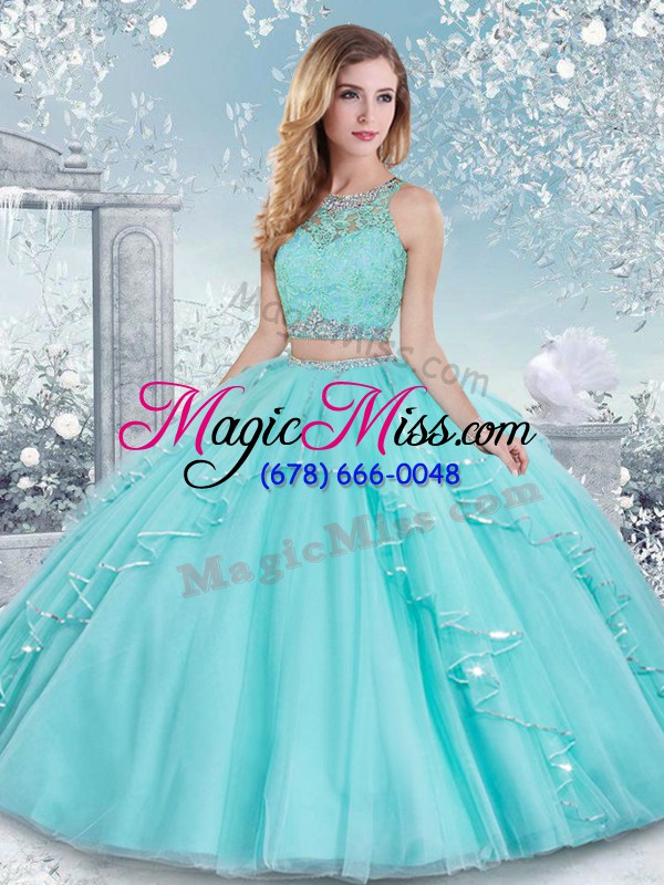 wholesale aqua blue sleeveless floor length beading and lace clasp handle quinceanera gowns