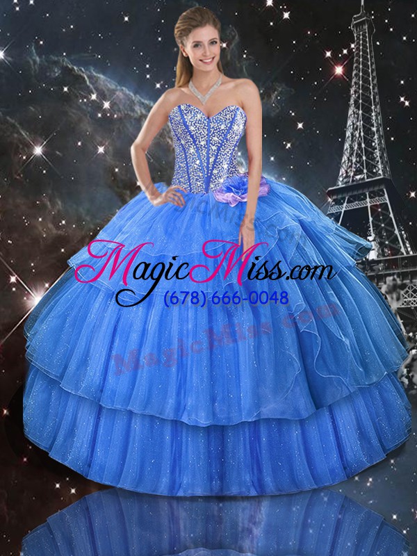 wholesale comfortable baby blue sleeveless ruffled layers and sequins floor length 15 quinceanera dress