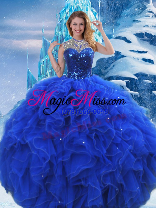 wholesale royal blue sleeveless floor length ruffles and sequins zipper quinceanera dresses