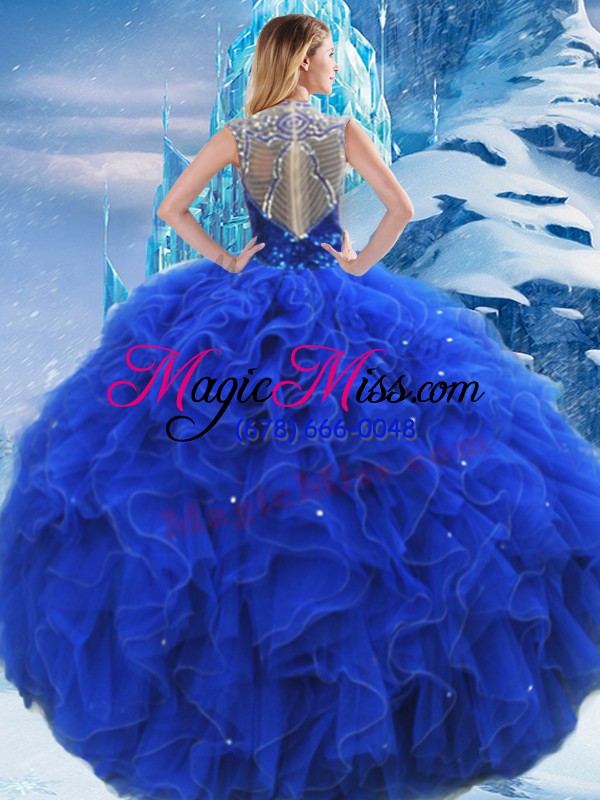 wholesale royal blue sleeveless floor length ruffles and sequins zipper quinceanera dresses