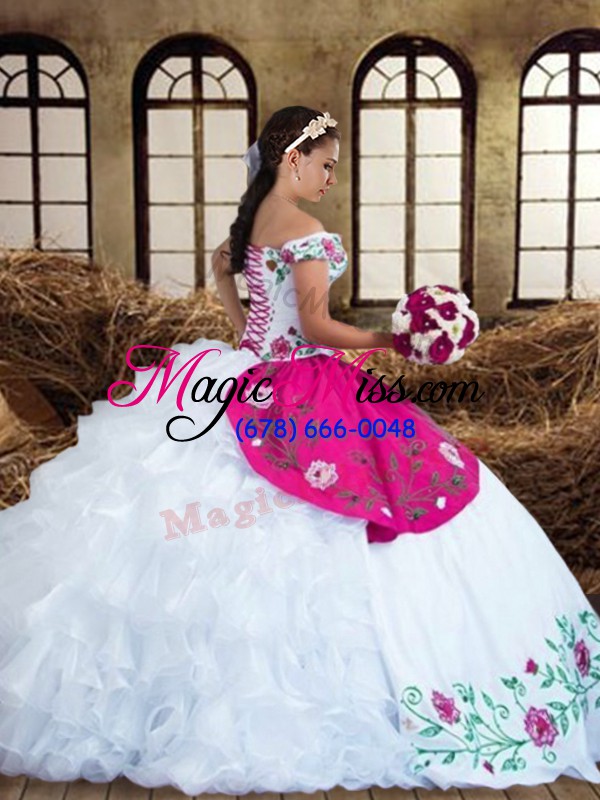 wholesale custom fit multi-color off the shoulder neckline embroidery and ruffled layers quinceanera dress sleeveless lace up