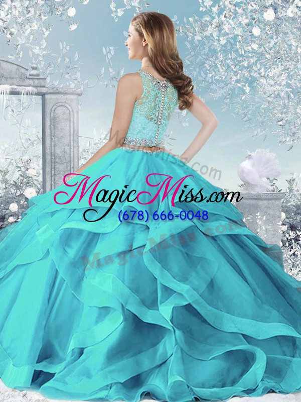 wholesale dynamic aqua blue quinceanera gown military ball and sweet 16 and quinceanera with beading and ruffles scoop sleeveless clasp handle