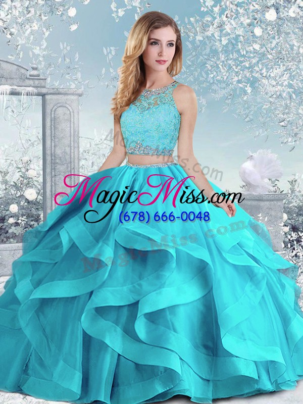 wholesale dynamic aqua blue quinceanera gown military ball and sweet 16 and quinceanera with beading and ruffles scoop sleeveless clasp handle