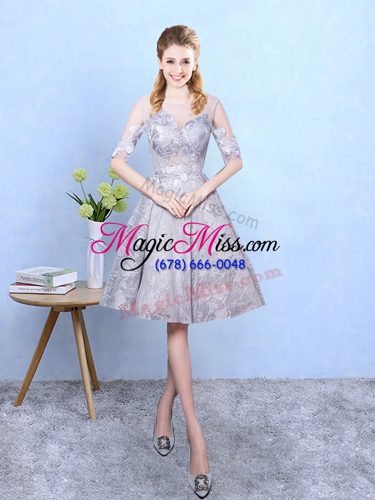 wholesale scoop half sleeves printed wedding guest dresses appliques lace up