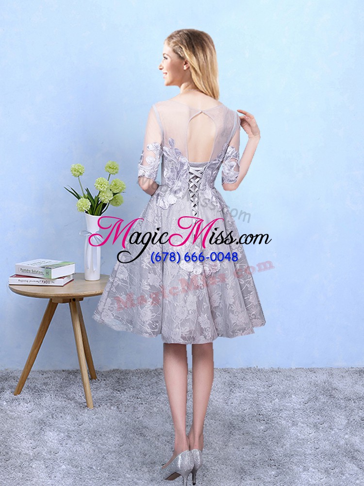 wholesale scoop half sleeves printed wedding guest dresses appliques lace up