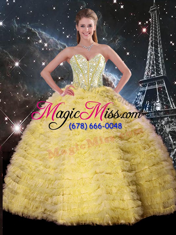 wholesale flirting yellow tulle lace up sweetheart sleeveless floor length ball gown prom dress beading and ruffles