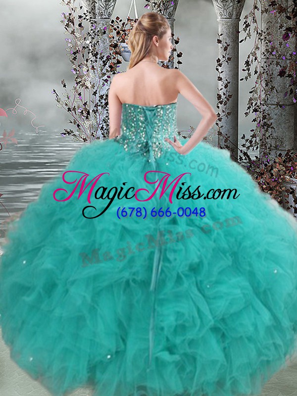 wholesale floor length turquoise quinceanera gown organza sleeveless beading and ruffles