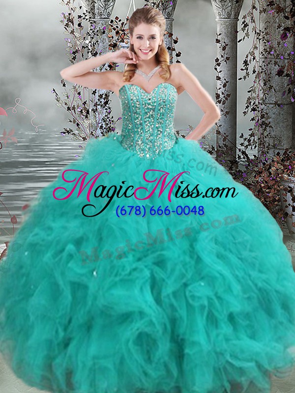 wholesale floor length turquoise quinceanera gown organza sleeveless beading and ruffles