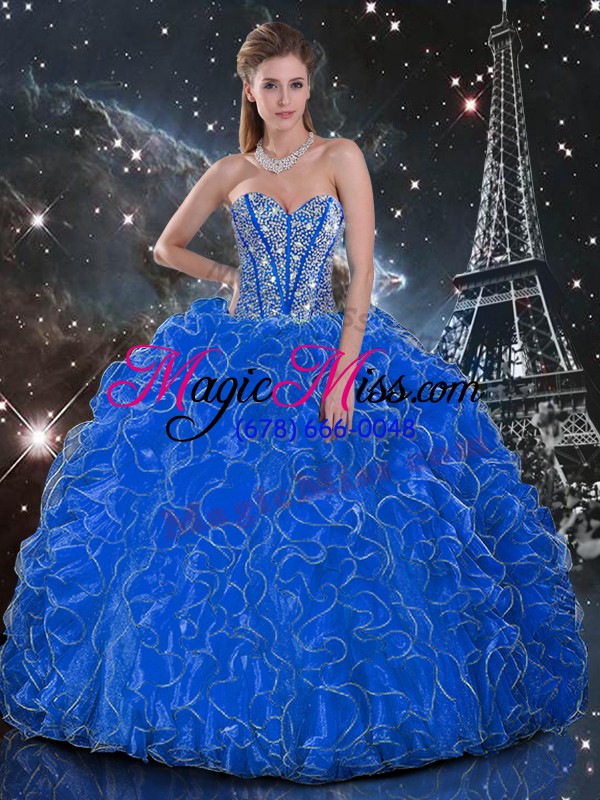 wholesale blue ball gowns sweetheart sleeveless organza floor length lace up beading and ruffles quinceanera gown