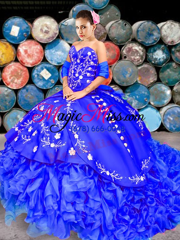 wholesale sweetheart sleeveless organza quince ball gowns embroidery and ruffles brush train lace up