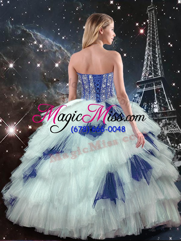 wholesale high end blue and white sleeveless floor length beading and ruffled layers and sequins lace up vestidos de quinceanera