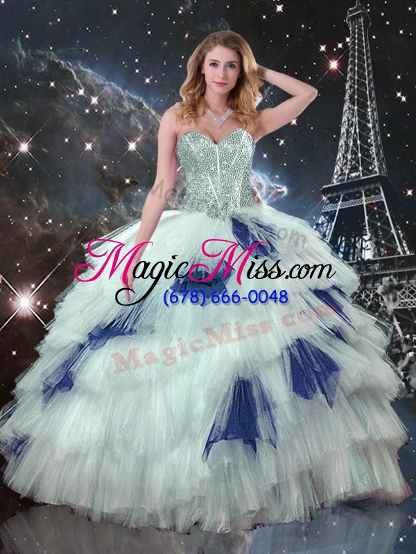 wholesale high end blue and white sleeveless floor length beading and ruffled layers and sequins lace up vestidos de quinceanera