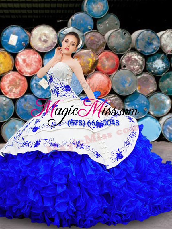 wholesale cute royal blue sleeveless organza brush train lace up 15 quinceanera dress for military ball and sweet 16 and quinceanera