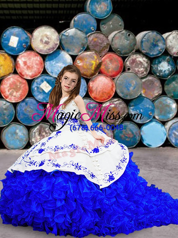 wholesale cute royal blue sleeveless organza brush train lace up 15 quinceanera dress for military ball and sweet 16 and quinceanera