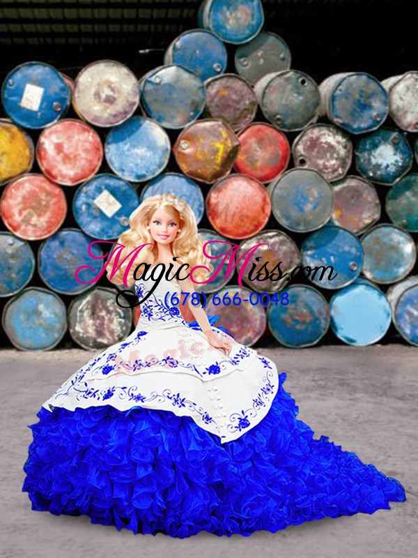 wholesale cute royal blue sleeveless organza brush train lace up 15 quinceanera dress for military ball and sweet 16 and quinceanera