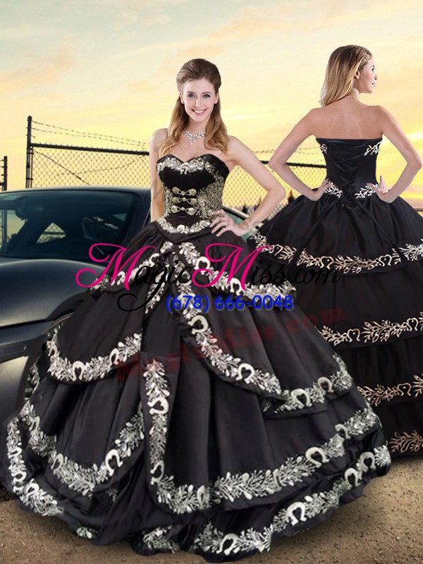 wholesale modest black lace up sweet 16 dress embroidery and ruffled layers sleeveless floor length