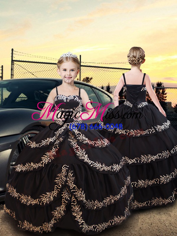 wholesale modest black lace up sweet 16 dress embroidery and ruffled layers sleeveless floor length