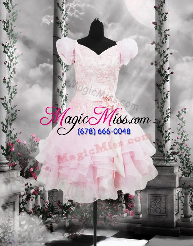 wholesale baby pink a-line organza v-neck short sleeves beading and appliques and ruffles and hand made flower knee length lace up prom dress