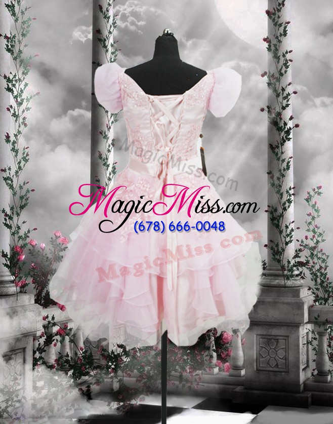 wholesale baby pink a-line organza v-neck short sleeves beading and appliques and ruffles and hand made flower knee length lace up prom dress