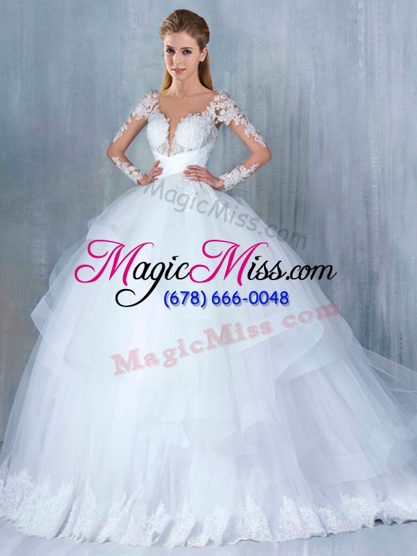 wholesale suitable white bridal gown tulle court train long sleeves lace and appliques and ruffles