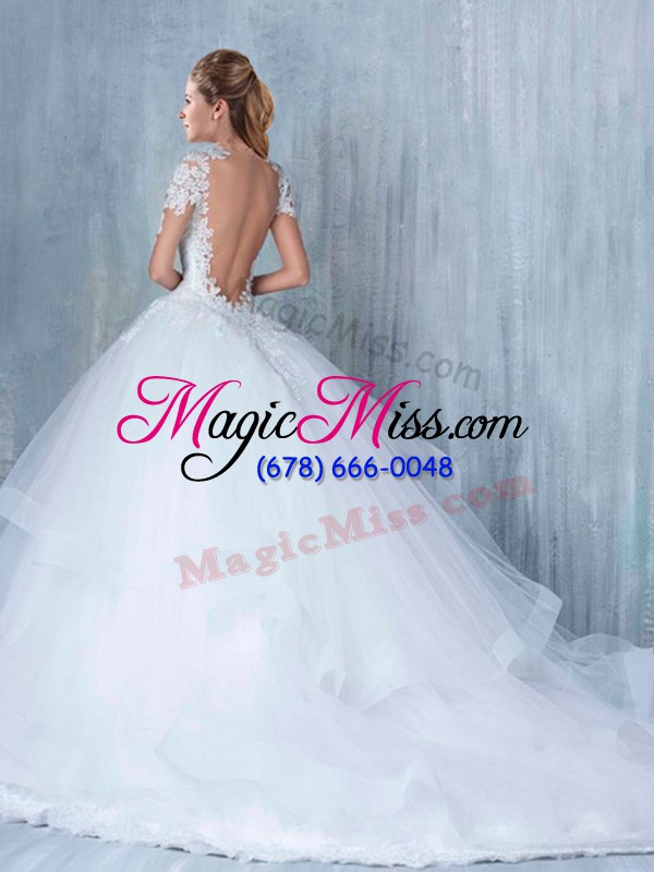 wholesale suitable white bridal gown tulle court train long sleeves lace and appliques and ruffles