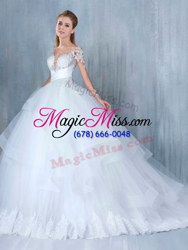 wholesale suitable white bridal gown tulle court train long sleeves lace and appliques and ruffles