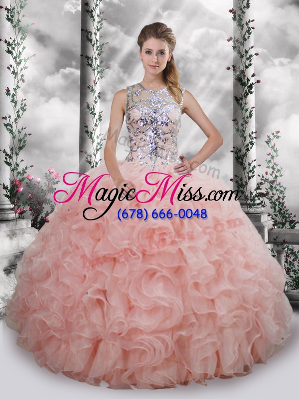 wholesale baby pink sleeveless floor length beading and ruffles lace up quinceanera dresses