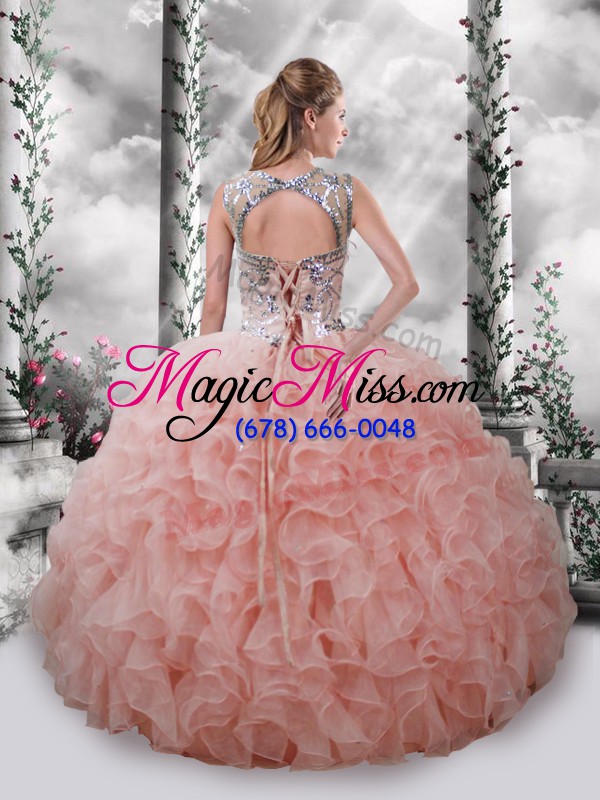 wholesale baby pink sleeveless floor length beading and ruffles lace up quinceanera dresses